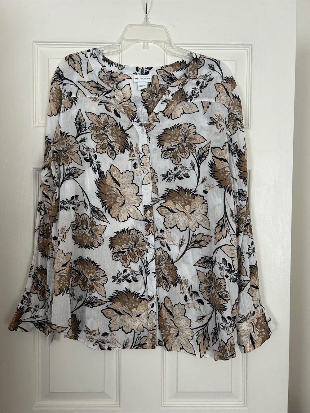 Liz Claiborne White Button-Front Floral Shirt with Brown Print